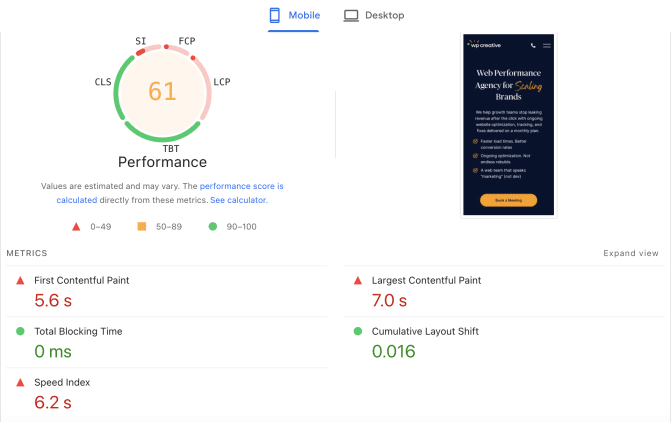 Why Is My WordPress Site So Slow? 12 Causes and Fixes 3 pagespeed insights mobile score 61 needs improvement